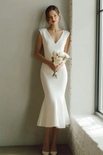 Mermiad V Neck White Satin Midi Engagement Dress